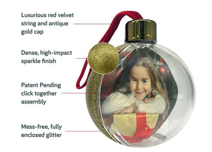 Gold glitter Christmas photo bauble features