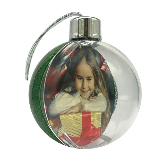 Green glitter Christmas photo bauble, view 1