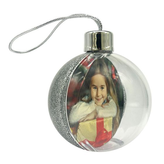 Silver glitter Christmas photo bauble, view 1