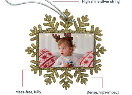 Gold glitter Christmas snowflake photo ornament features