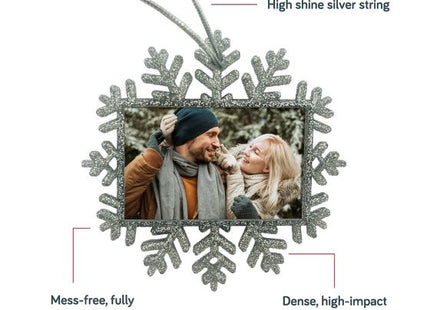 Silver glitter Christmas snowflake photo ornament features