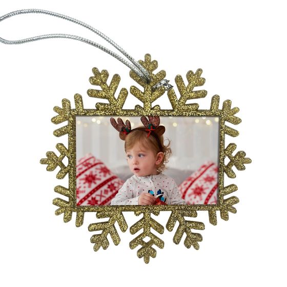 Gold glitter Christmas snowflake photo ornament