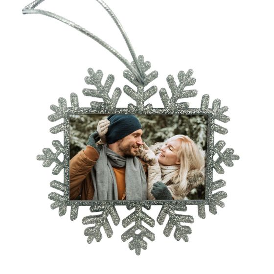 Silver glitter Christmas snowflake photo ornament